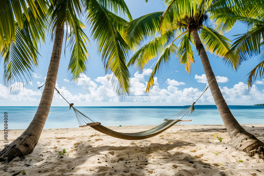 Fototapeta premium A hammock hanging between two palm trees looking out over the ocean