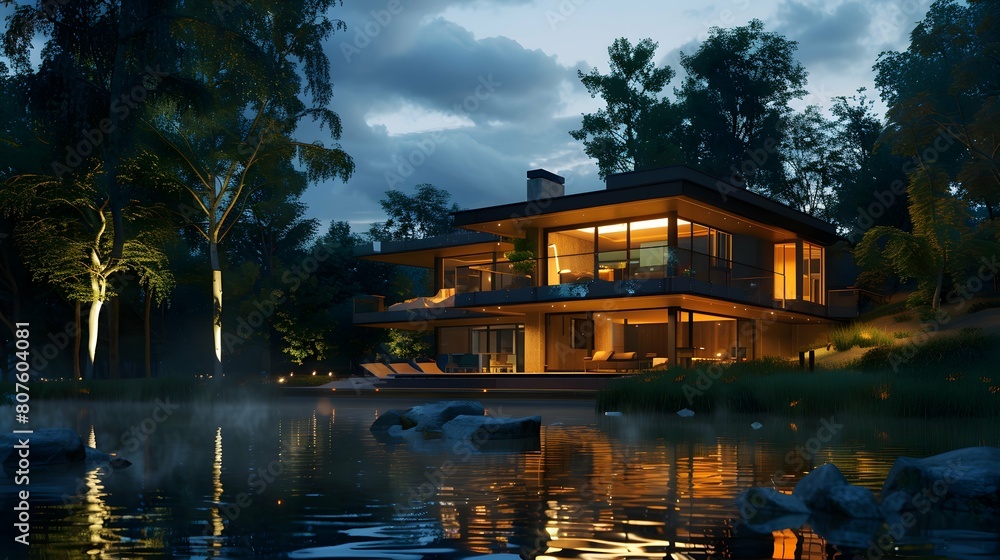 Fototapeta premium 3d rendering of modern house by the river at evening