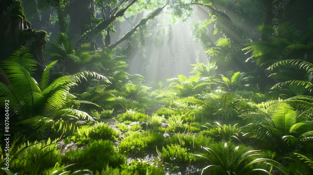A lush green forest carpeted with vibrant ferns and mosses, with sunlight streaming through the canopy to illuminate the forest floor. .
A lush green forest carpeted with vibrant ferns and mosses, with sunlight streaming through the canopy to illuminate the forest floor. .