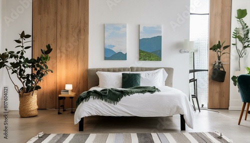 bedroom with bed, "Virtual Art Display: Minimalist Bedroom AI Mockup"