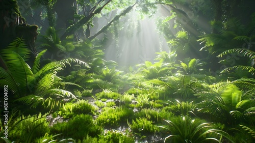  A lush green forest carpeted with vibrant ferns and mosses  with sunlight streaming through the canopy to illuminate the forest floor. .  