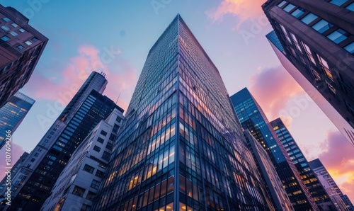 The crisp blue sky reflected in a towering glass skyscraper captured from a low angle perspective. copy space for text. photo