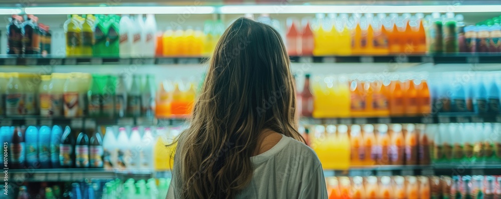 A woman is seen from the back, contemplating choices in a grocery store aisle filled with various products. A woman is seen from the back, contemplating choices in a grocery store aisle filled with various products.