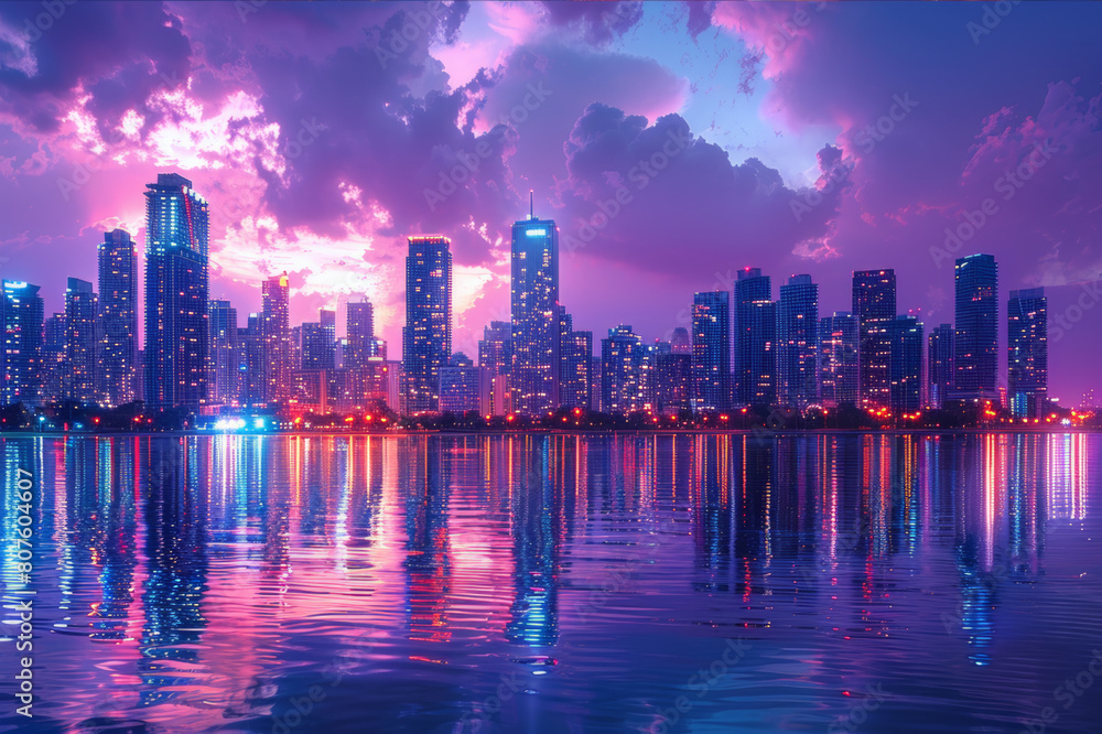 Obraz premium Wide angle shot of an expansive city skyline at sunset with lively colors reflecting off the buildings.. AI generated.