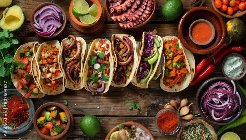 Fototapeta premium Create an image of gourmet Mexican tacos presented on a rustic wooden table, emphasizing the fusion of traditional and contemporary culinary techniques