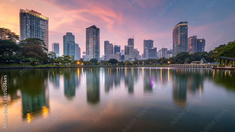 beautiful view city ​​lake with skyscrapers