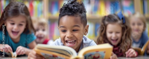 A focused girl child is engaged in reading a book among other kids in a colorful kindergarten room.