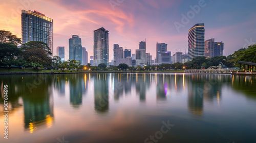 beautiful view city       lake with skyscrapers