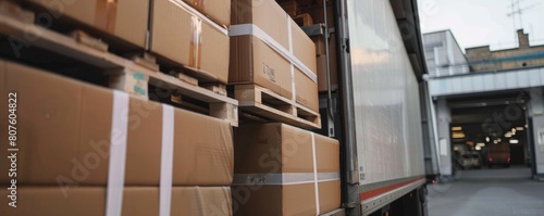 Industrial loading dock at a warehouse facility with an open truck being loaded with numerous cardboard boxes.