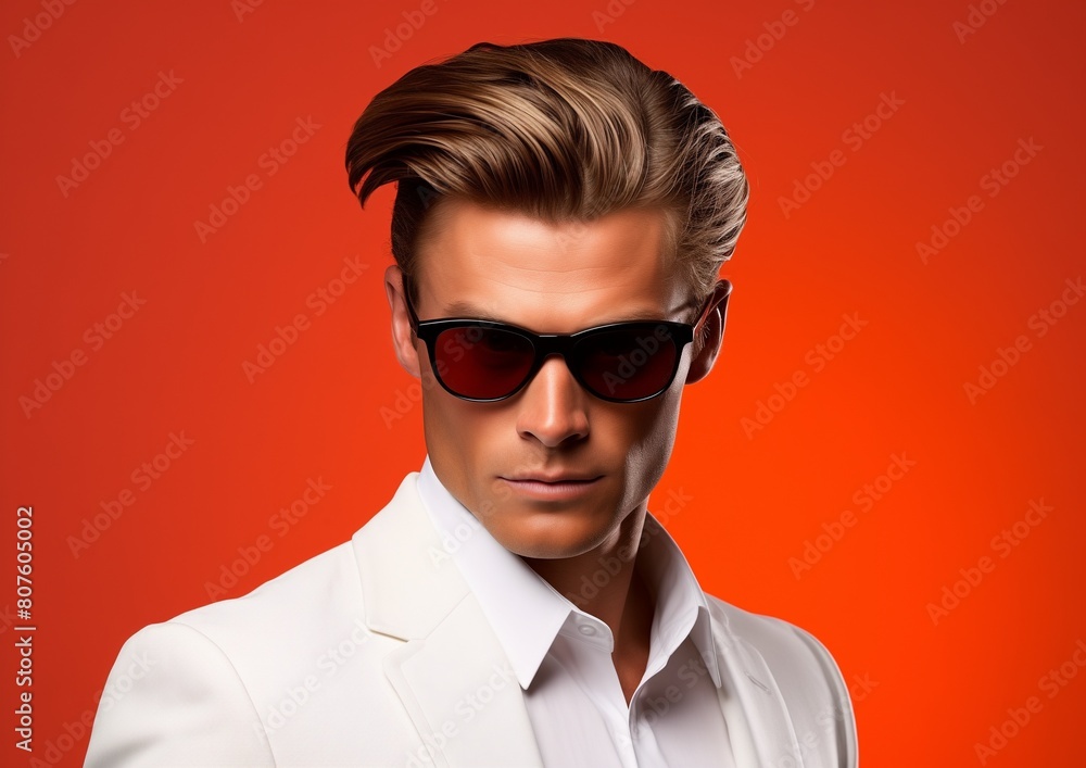 Stylish Young Man in Sunglasses on Vibrant Orange Background Stylish Young Man in Sunglasses on Vibrant Orange Background