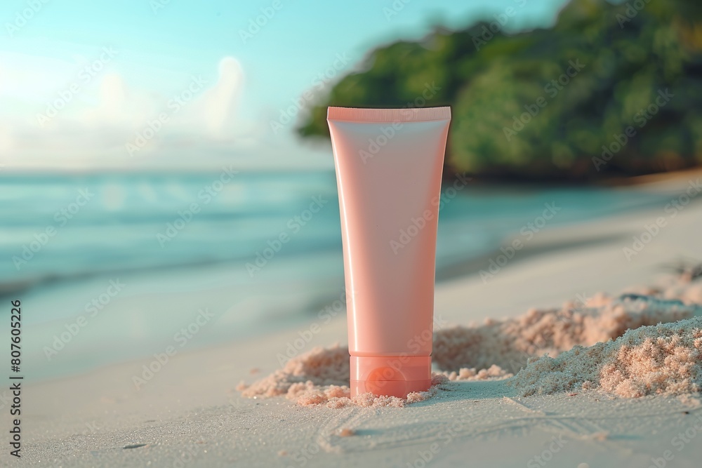 Sunscreen tube on sandy beach against ocean backdrop, symbolizin Sunscreen tube on sandy beach against ocean backdrop, symbolizin