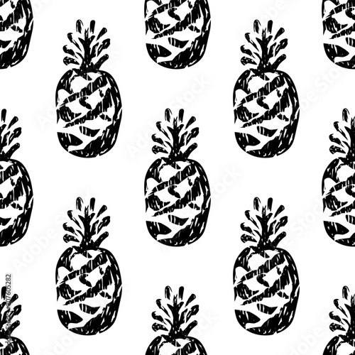 Seamless pattern with black silhouette or imprint or stamp of pineapple on white background. Modern textured graphic sketch, grunge style. Vector print for tropical fruit illustration, fabric design.