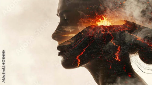 a woman's face with a volcano and smoke
