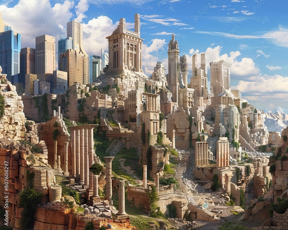 Obraz premium A surreal imagining of ancient ruins set against a modern cityscape, super realistic