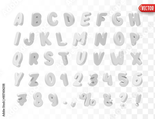 Font realistic 3d design White milk color. Complete alphabet and numbers from 0 to 9. Collection of large letters in cartoon style. Fonts are voluminous with different slants. Vector illustration