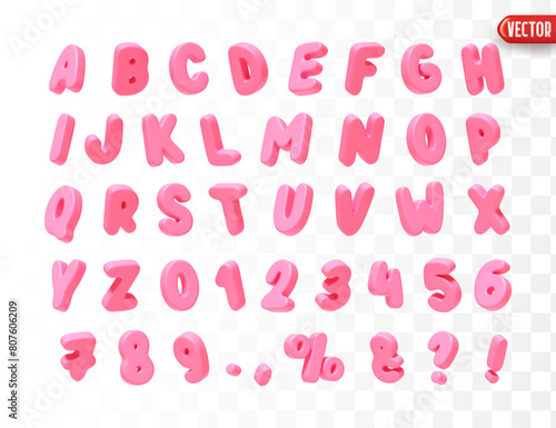 Pink Font realistic 3d design. Complete alphabet and numbers from 0 to 9. Collection of large letters in cartoon style. Fonts are voluminous with different slants. Vector illustration