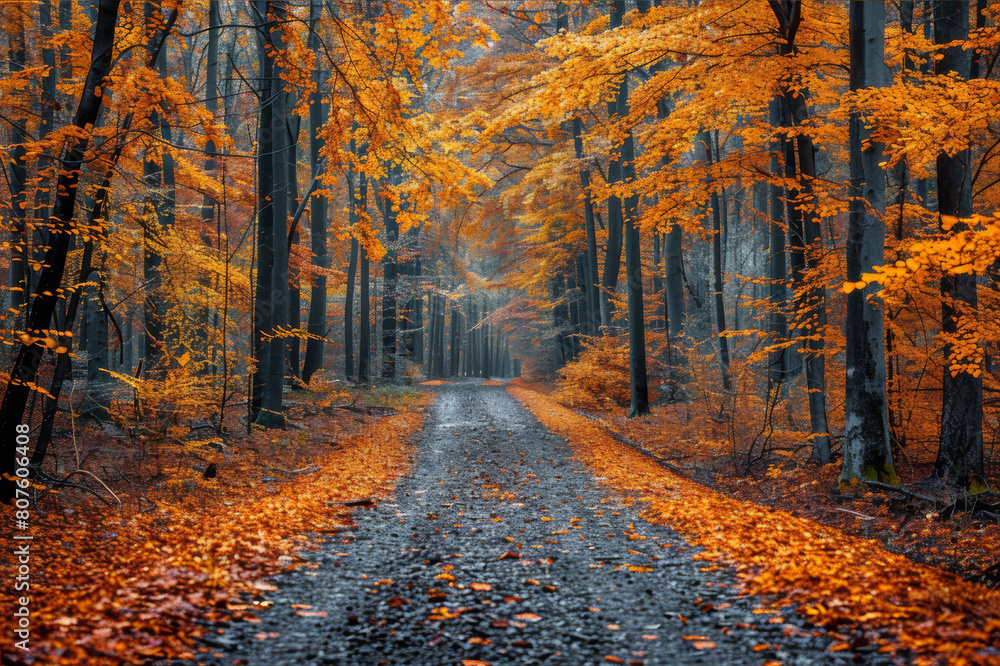 Fototapeta premium Vibrant autumn forest pathway with fallen leaves and rich golden hues. AI generated.