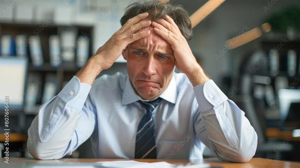 stressed middle age businessman with headache stressed middle age businessman with headache