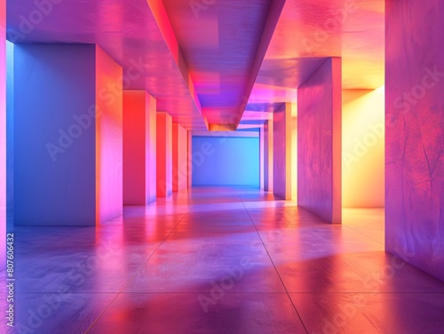 a colorful hallway with columns and lights