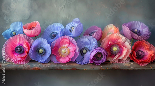   A cluster of pink and purple blossoms resting on wooden planks beside the window ledge