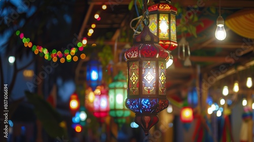 Beautiful background with glowing fanus lanterns from the burning lights effect shining fanus lanterns