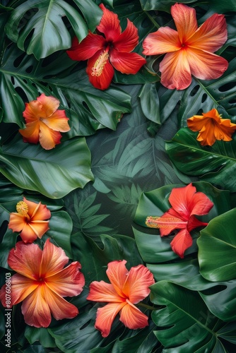Wallpaper Mural Group of Orange and Red Flowers Surrounded by Green Leaves Torontodigital.ca