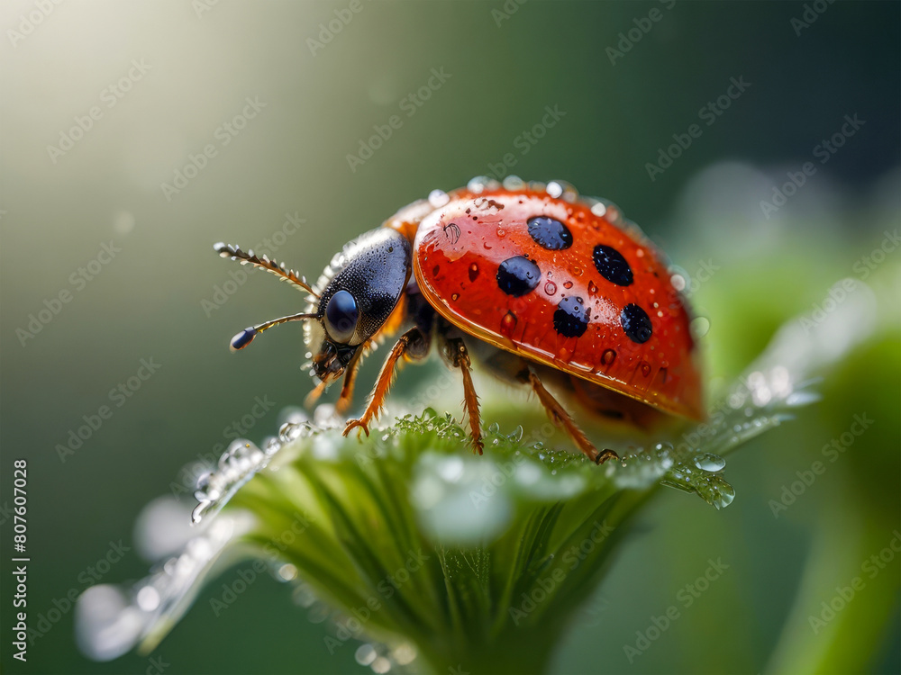 Fototapeta premium Ladybug on a flower with dew drops on the petals