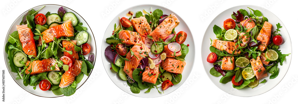 salmon salad, healthy food, diet isolated on a transparent PNG background, white background , cut out, clipping path, Generative Ai