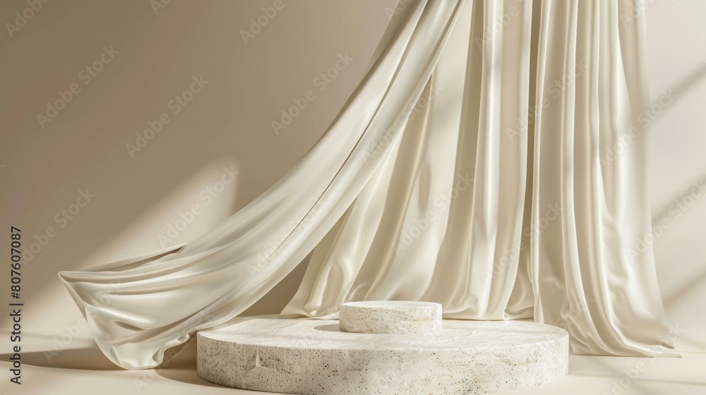 3D display podium, beige background with white stone pedestal. Flying beige color silk cloth curtain in motion 3D display podium, beige background with white stone pedestal. Flying beige color silk cloth curtain in motion