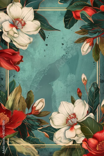 Flowers and Leaves on Blue Background