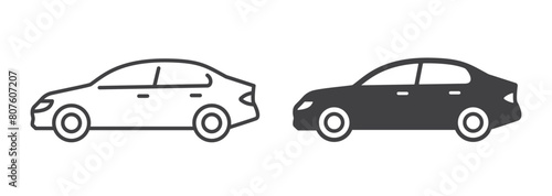 Sedan car icons in line and solid styles, flat vector pictograms. Elegant black and white representations suitable for urban environments.