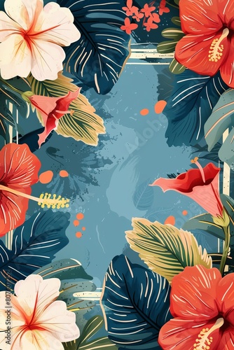 Blue Background With Red and White Flowers