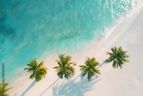 Coastline at tropical beach with palms and turquoise ocean   summertime banner mockup. Summer travel sales and vacation concept.