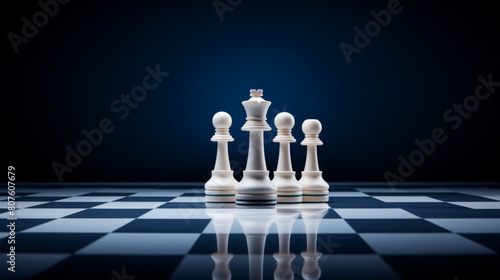 A chess board with four white pieces, including a king, and a blue background