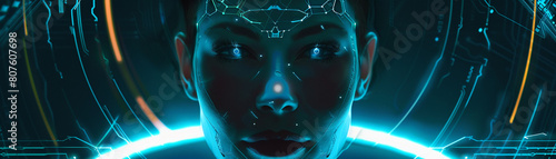 A portrait of a face with a glowing hydrogen aura, Futuristic , Cyberpunk photo