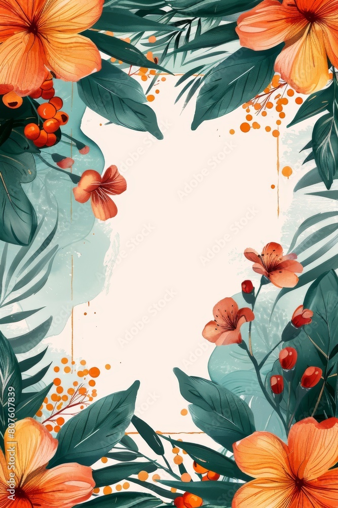 Naklejka premium Floral Frame With Orange Flowers and Green Leaves