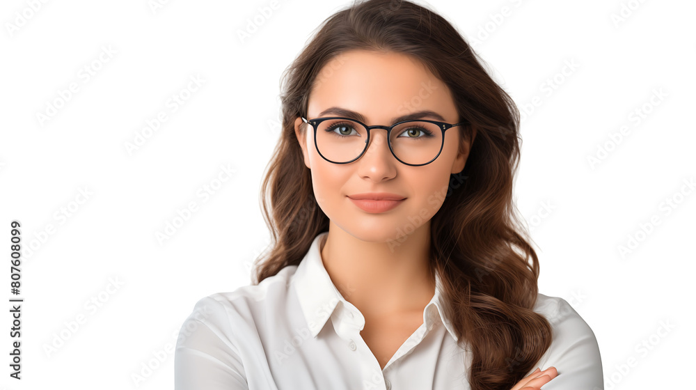portrait of a woman posing with glasses head shot folded arms with solid white background portrait of a woman posing with glasses head shot folded arms with solid white background