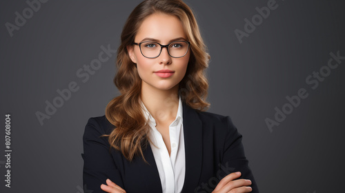  A professional headshot portrait of a young woman in glasses, isolated on a clean white background. Her folded arms and confident gaze convey a sense of determination and competence. Keywords profess