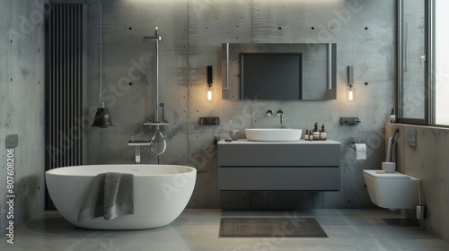 minimalistic modern bathroom with a standalone white bathtub against a concrete backdrop, adorned with simple fixtures