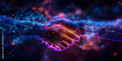 Blockchain business handshake symbolizing financial success and technological innovation. Concept Blockchain Technology, Business Success, Financial Innovation, Handshake Symbolism