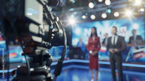 News studio scene with camera focused on a male and female anchor, vibrant blue set design illuminated by studio lights