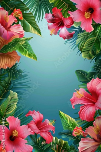Blue Background With Pink Flowers and Green Leaves