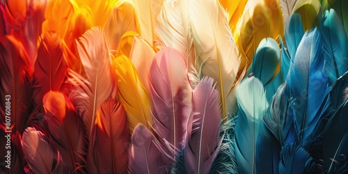 a hyper-realistic photograph of a collection of brightly colored feathers arranged in an elaborate pattern, each feather meticulously capturing the nuances of light and shadow. photo