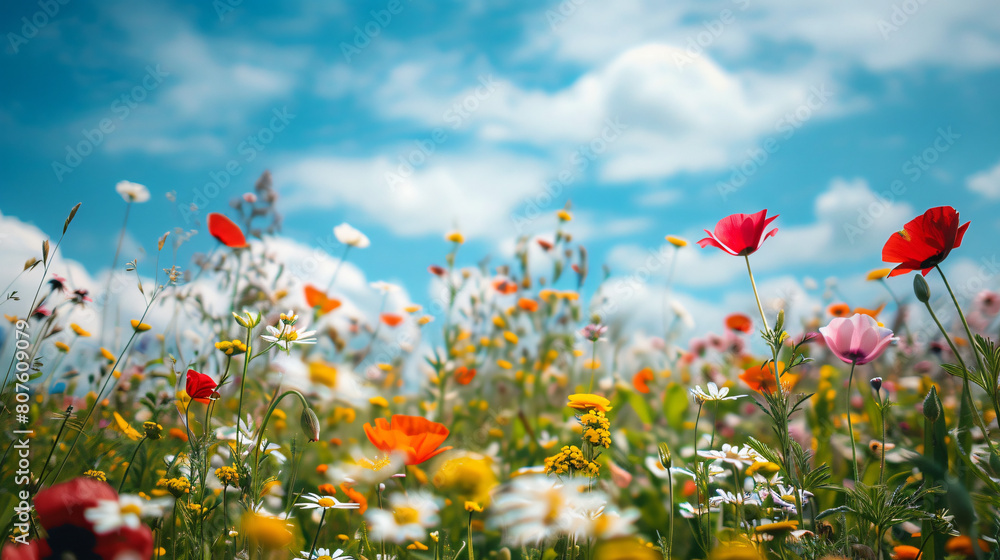 Field Full of Colorful Flowers Under Cloudy Blue Sky