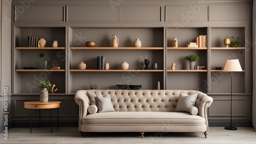 A wooden book shelf and a wall with gray paneling surround a beige, classically tufted sofa. Classic, retro living room interior design in a contemporary house. photo