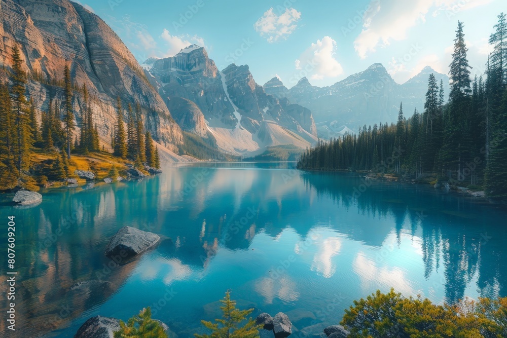 Stunning landscape of a calm, blue lake surrounded by rugged mountains and dense pine forests under a clear sky.