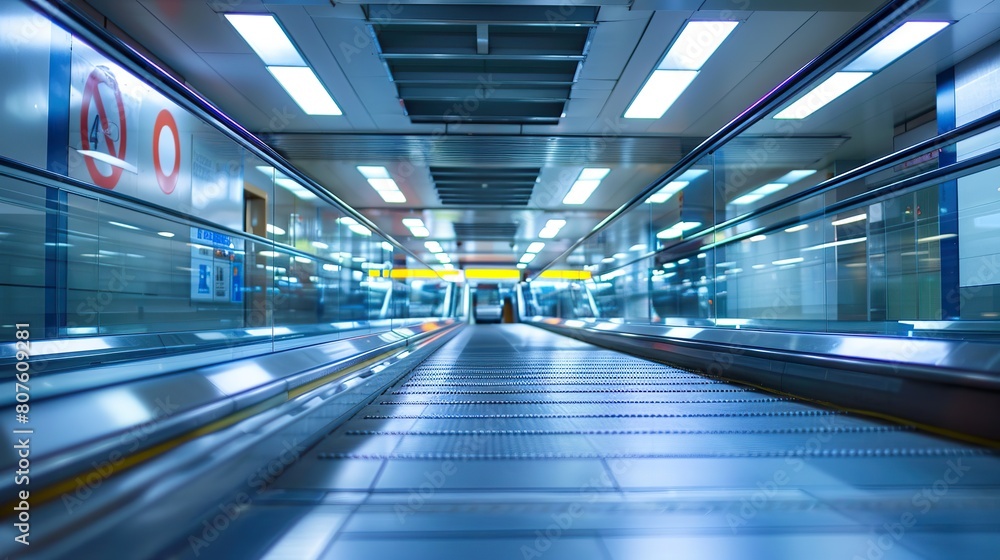 Escalator in the airport, closeup of photo with shallow depth of field