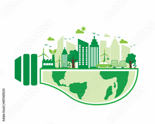 wind turbine farm, Solar panel and smart city renewable energy. sustainable and environmentally friendly vector illustration
