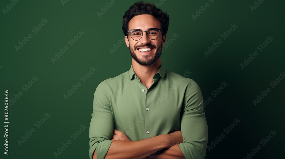 Young man in glasses smiling at camera with hands folded, against solid colored background. Confident male customer or professional headshot portrait Young man in glasses smiling at camera with hands folded, against solid colored background. Confident male customer or professional headshot portrait