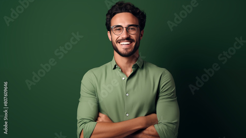 Young man in glasses smiling at camera with hands folded, against solid colored background. Confident male customer or professional headshot portrait photo